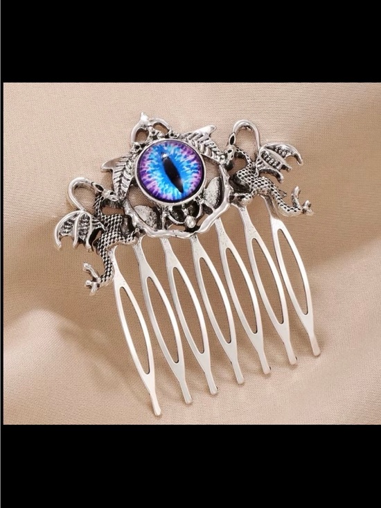 Accessories - Silver Dragon Eye Hair Comb with Blue-Purple Glass Cabochon